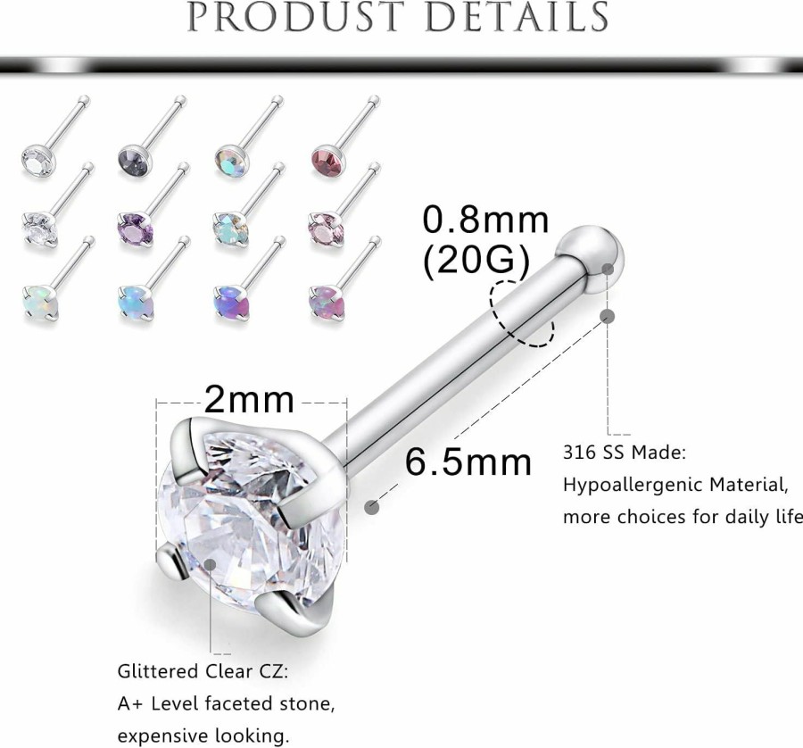 Hoeudjo Hoeudjo 20G Opal Nose Rings Surgical Steel Nose Ring Studs Heart Cz Inlaid Piercing Jewelry For Women Men Girls 28 Pieces | Body Piercing Rings