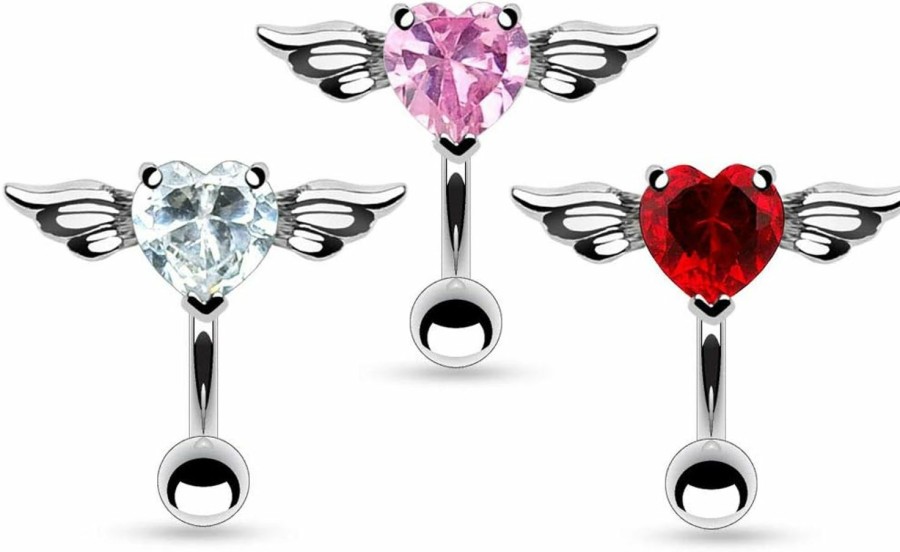 Amelia Fashion Amelia Fashion 14Ga Angel Winged 8Mm Heart Top Down Belly Button/Navel Ring 316L Surgical Steel (Choose Color) | Body Piercing Rings