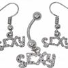 AWESOMETIVITY Awesometivity Naughty Sexy Jewelry Sets - Slut, Hotwife, F Me, Sexy, Stainless Steel And Rhinestone Dangle Belly Button Ring And Earrings Set For Naval Body And Ear Piercings | Body Piercing Rings