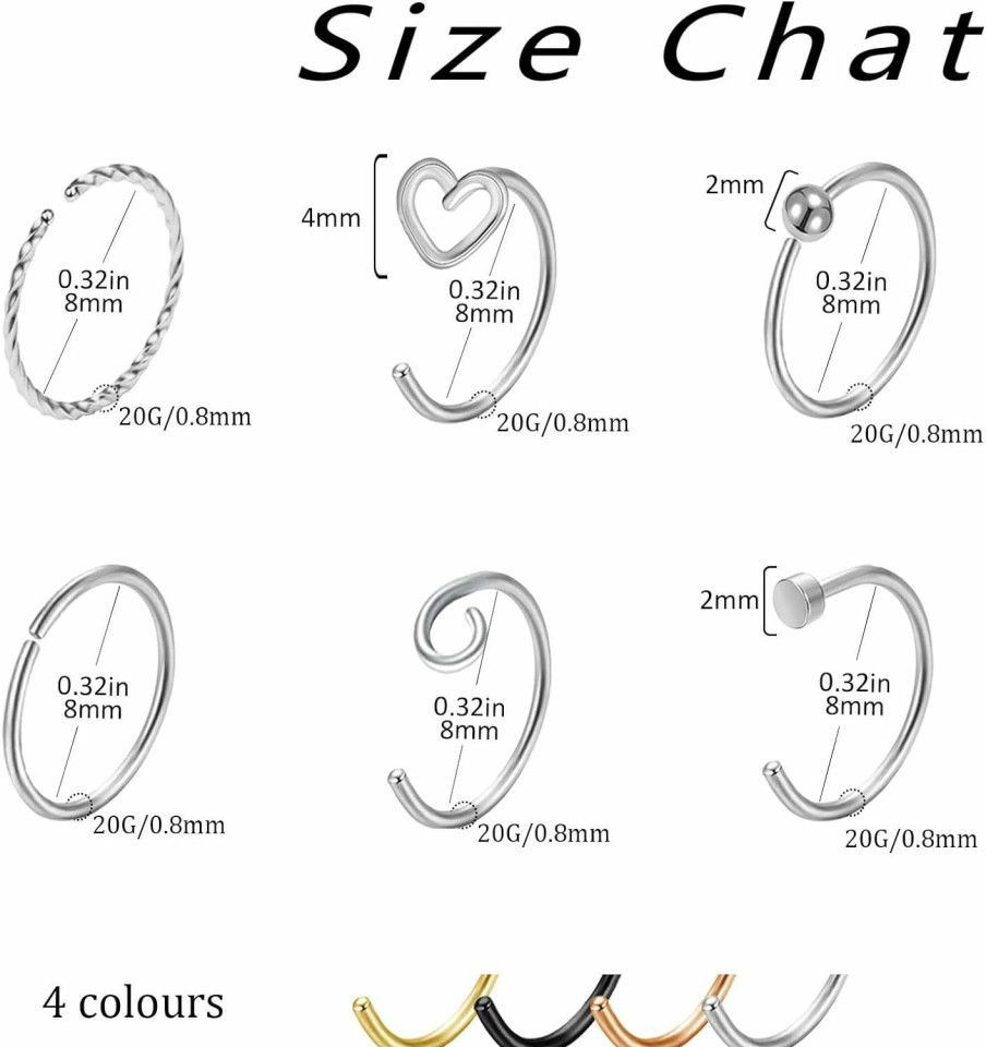 YUE L STAR Yue L Star 18G 20G Hoop Nose Ring Stud Screw For Women Surgical Steel 8Mm Gold Black Silver Rose Gold Rainbow | Body Piercing Rings