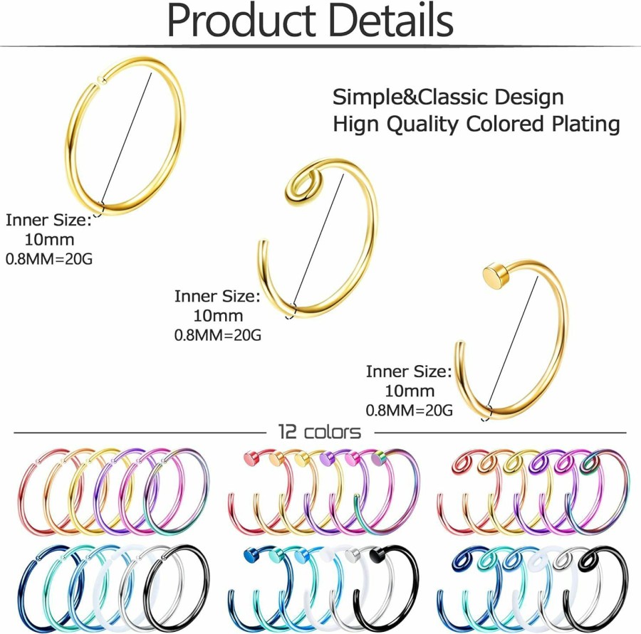 FIBO STEEL Fibo Steel 36Pcs 18-20G Hoop Nose Rings For Women Men 316L Stainless Steel Helix Tragus Lip Septum Ring Cartilage Earring Fake Nose Piercing Jewelry | Body Piercing Rings