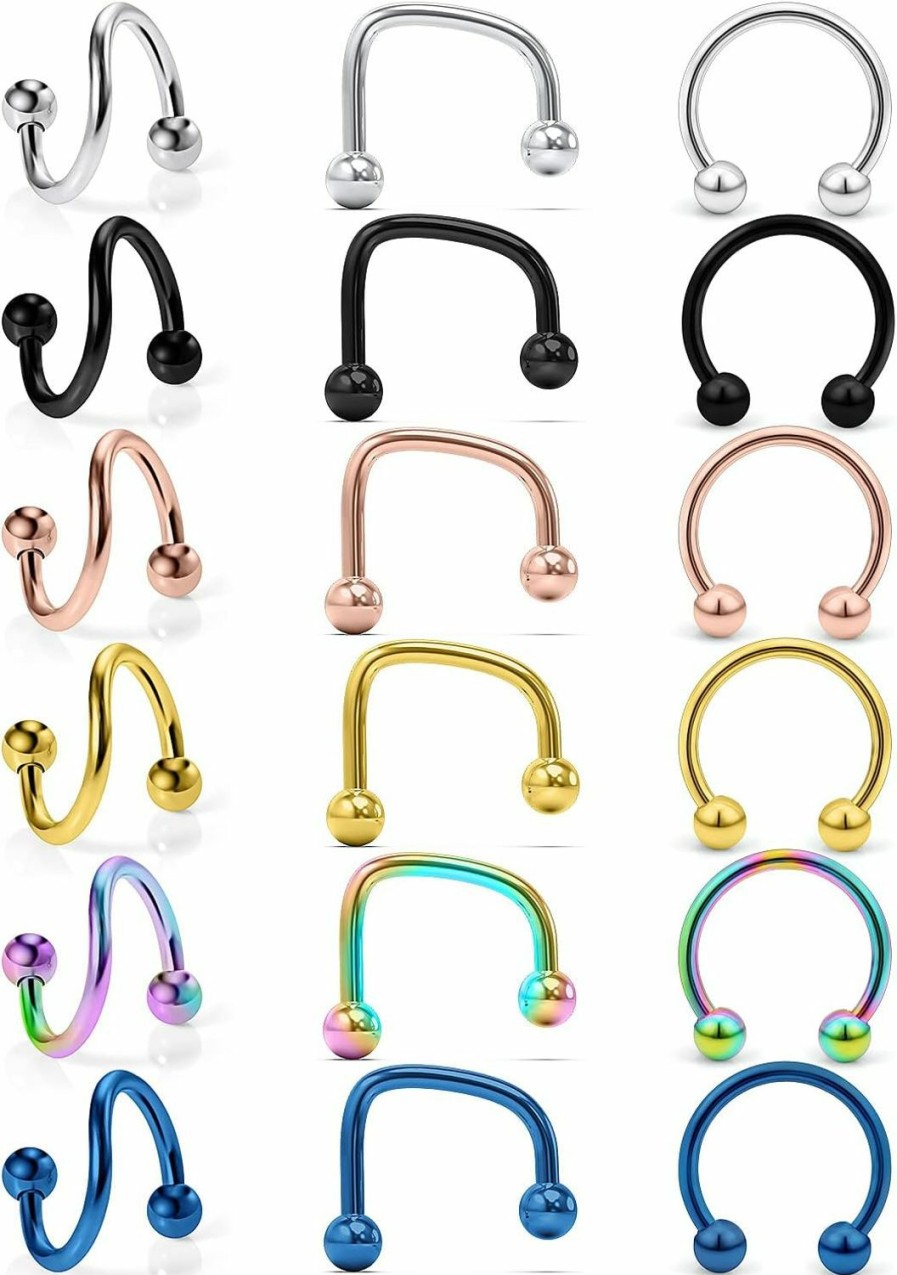 Lcolyoli Lcolyoli 16G Surgical Steel Lip Rings Hoop Twist & C-Shaped & Horseshoe Barbell Labret Jewelry Snake Bite Piercing Jewelry Medusa Piercing Jewelry For Women Men 18 Pieces | Body Piercing Rings