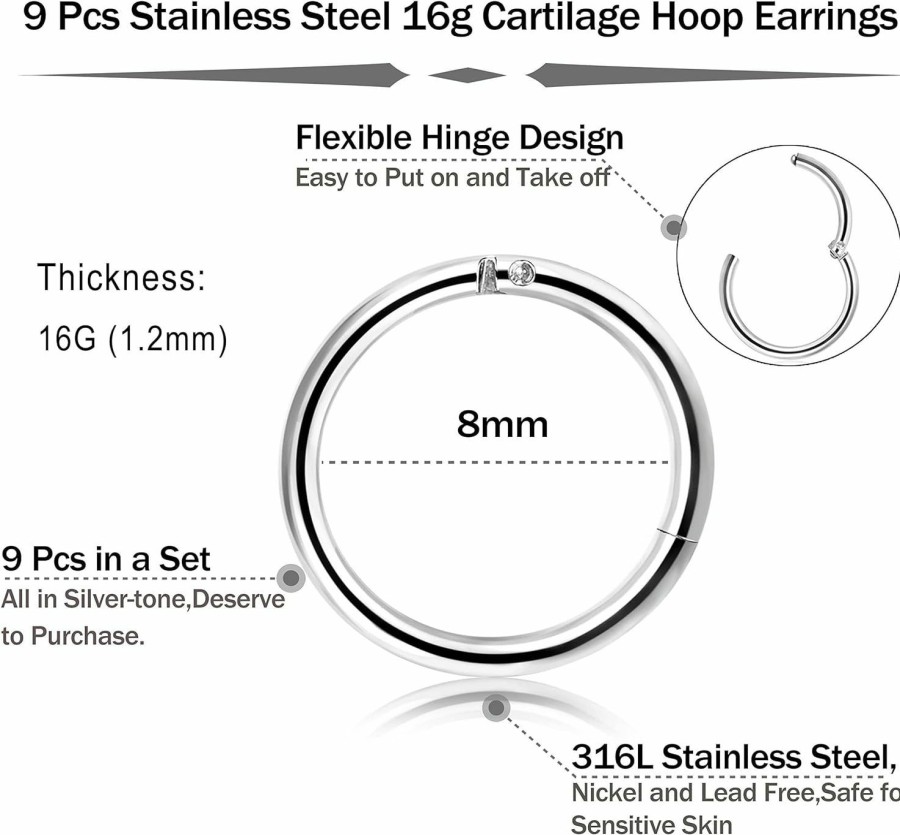 FIBO STEEL Fibo Steel 9 Pcs Stainless Steel 16G Cartilage Hoop Earrings For Men Women Nose Hoop Ring Helix Septum Conch Daith Lip Tragus Piercing Jewelry | Body Piercing Rings