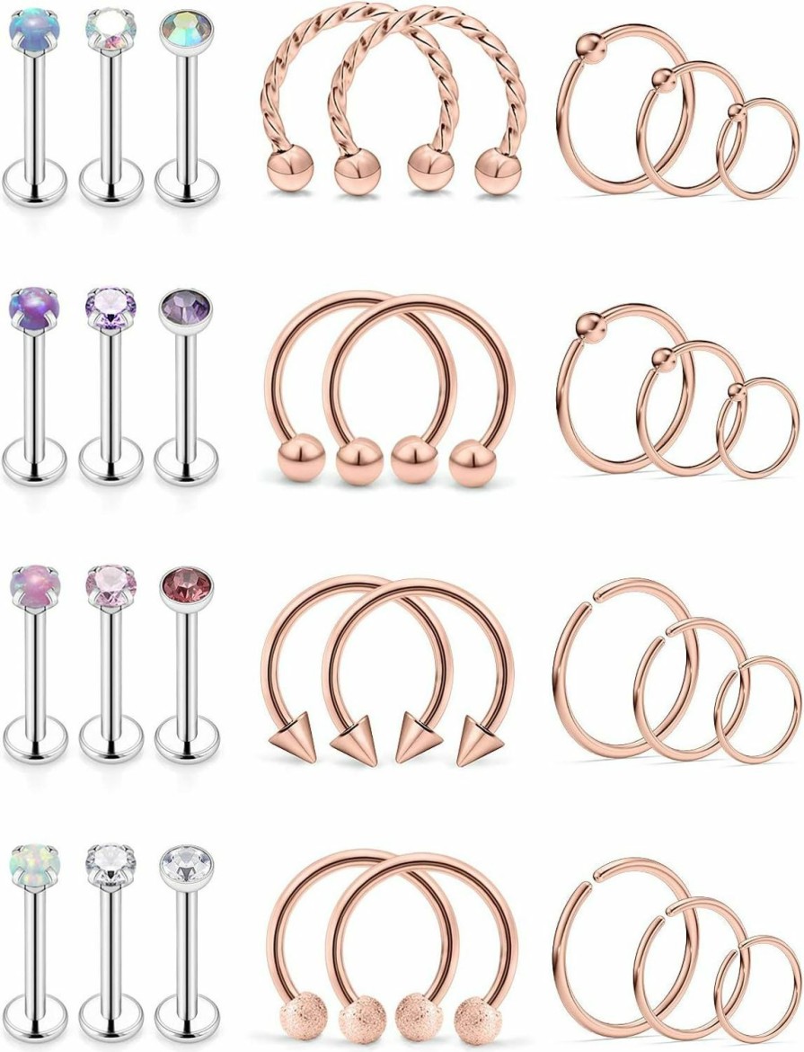 SCERRING Scerring Tragus Earrings 16G 20G Stainless Steel Opal Cz Nose Hoop Lip Rings Nail Tragus Helix Rook Cartilage Earrings Studs Ring Piercing Jewelry 32Pcs | Body Piercing Rings