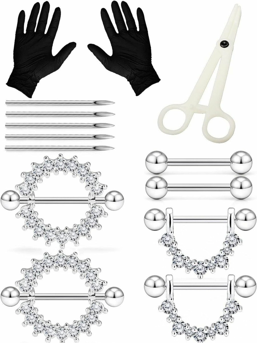 Heienngy Heienngy Piercing Kit Nipple Jewelry Kit 14G Surgical Stainless Steel Nipple/Tongue Piercing Jewelry Set 14 Gauge Piercing Needles Cz Silver Black Nipple Tongue Ring For Women Men Body Piercing Kits | Body Piercing Rings