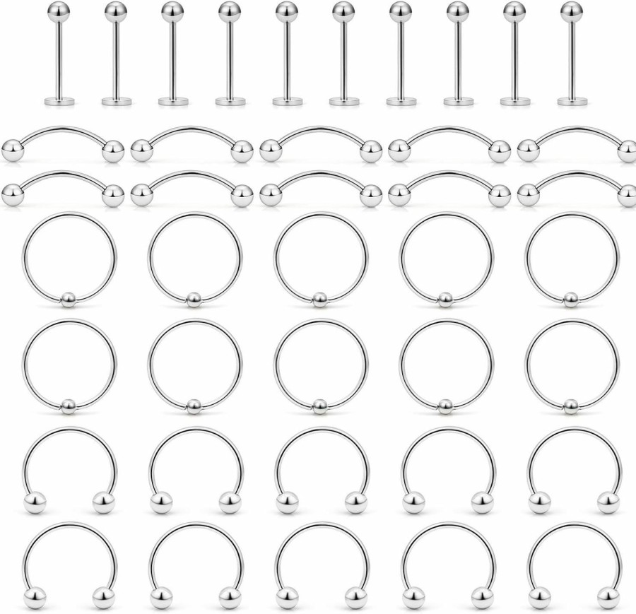 Ftovosyo Ftovosyo 20G 40Pcs Labret Nipple Lip Rings Nose Hoops Horseshoe Barbell Eyebrow Studs Septum Tragus Cartilage 316 Surgical Steel Jewelry Piercing Kit Bcr Cbr | Body Piercing Rings