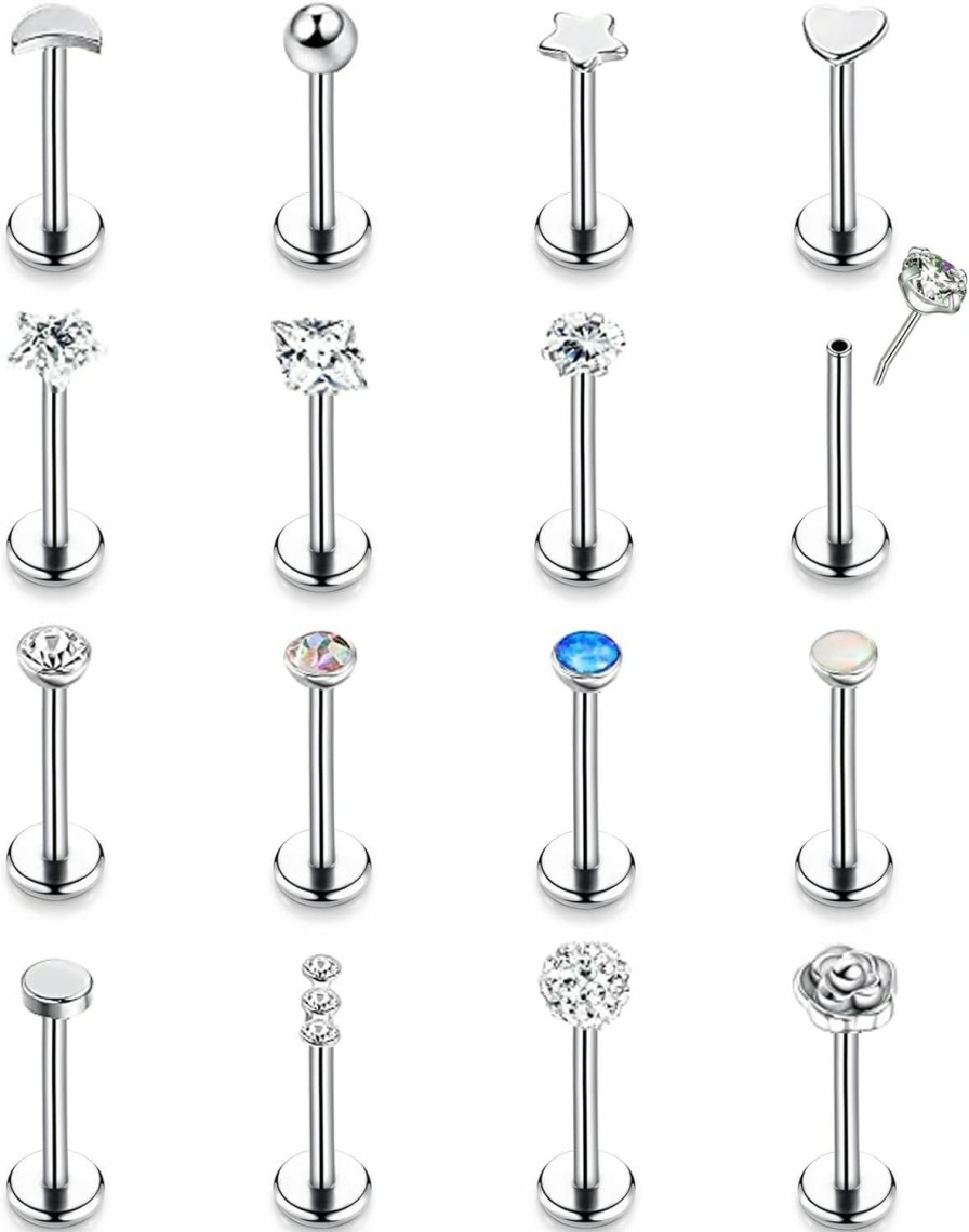 LOAYHOAY Loayhoay 16Pcs 16G 18G 20G Stainless Steel Threadless Push In Nose Stud Ring For Women Men Lip Ring Cz Flower Heart Cartilage Helix Earring Piercing Set | Body Piercing Rings