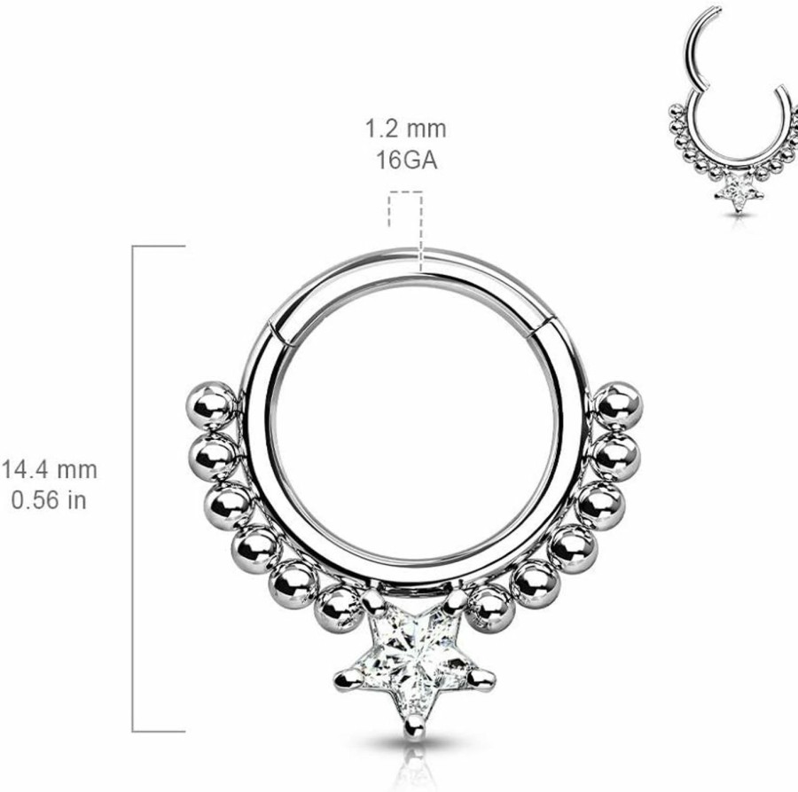 Pierced Owl Pierced Owl - 16Ga Precision All 316L Surgical Steel Star Shaped Cz Crystal And Ball Lined Hoop Cartilage Helix Daith Septum Nose Hinged Segment Ring | Body Piercing Rings