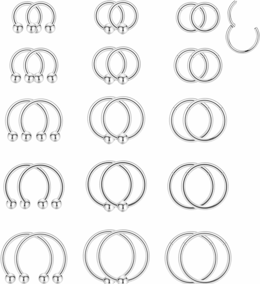 Vegolita 30Pcs 16G 18G Stainless Steel Cartilage Hoop Earrings For Women Men Helix Tragus Daith Conch Hoop Hinged Clicker Segment Nose Rings Captive Bead Ring Horseshoe Septum Lip Ring | Body Piercing Rings