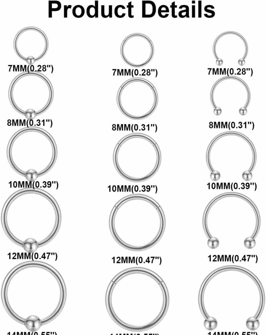 Vegolita 30Pcs 16G 18G Stainless Steel Cartilage Hoop Earrings For Women Men Helix Tragus Daith Conch Hoop Hinged Clicker Segment Nose Rings Captive Bead Ring Horseshoe Septum Lip Ring | Body Piercing Rings