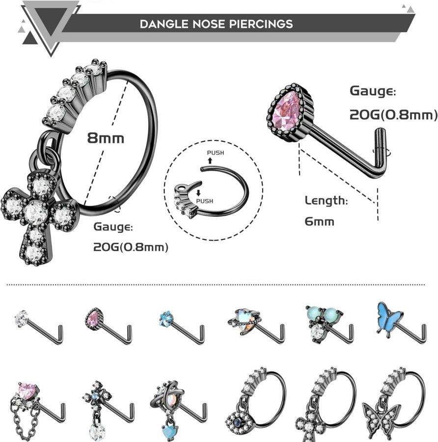 ORAZIO Orazio 20G Dangle Nose Rings L Shaped Nose Studs For Women Stainless Steel Dangling Nose Ring Hoops Nose Rings Studs Gold Silver Cz Evil Eye Heart Butterfly Cute Nose Piercing Jewelry | Body Piercing Rings