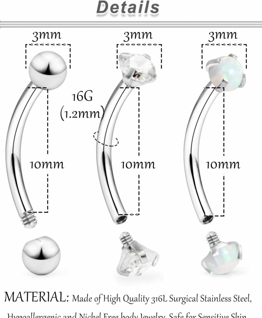 Ocptiy Ocptiy 16G 10Mm Eyebrow Rook Piercing Jewelry 316L Surgical Steel Belly Lip Rings Snake Eye Tongue Rings Curved Barbell Vertical Lip Labret Rings Piercing Jewelry For Women Men 3Mm Opal Cz Ball | Body Piercing Rings