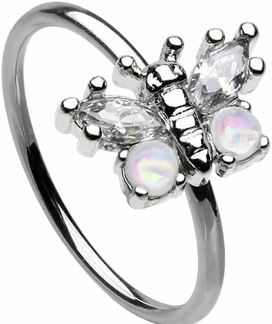 Pierced Owl Pierced Owl 20Ga Stainless Steel Synthetic Opal And Cz Crystal Butterfly Bendable Nose Ring | Body Piercing Rings