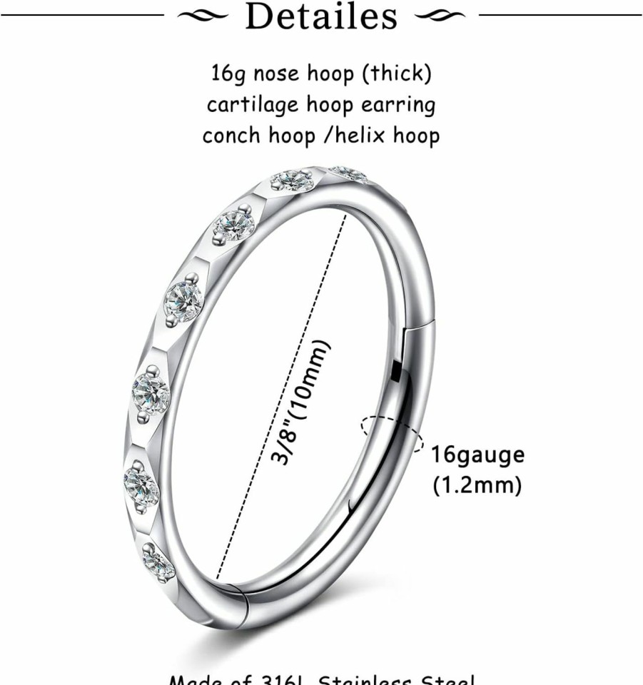 MODRSA Modrsa Hoop Nose Ring Nose Hoop Double Hoop Nose Ring Silver Gold Nose Ring Hoop Diamond 316L Surgical Steel Nose Ring Cartilage Hoop Earring Cartilage Hoop Helix Hoops 20G 18G 16G | Body Piercing Rings