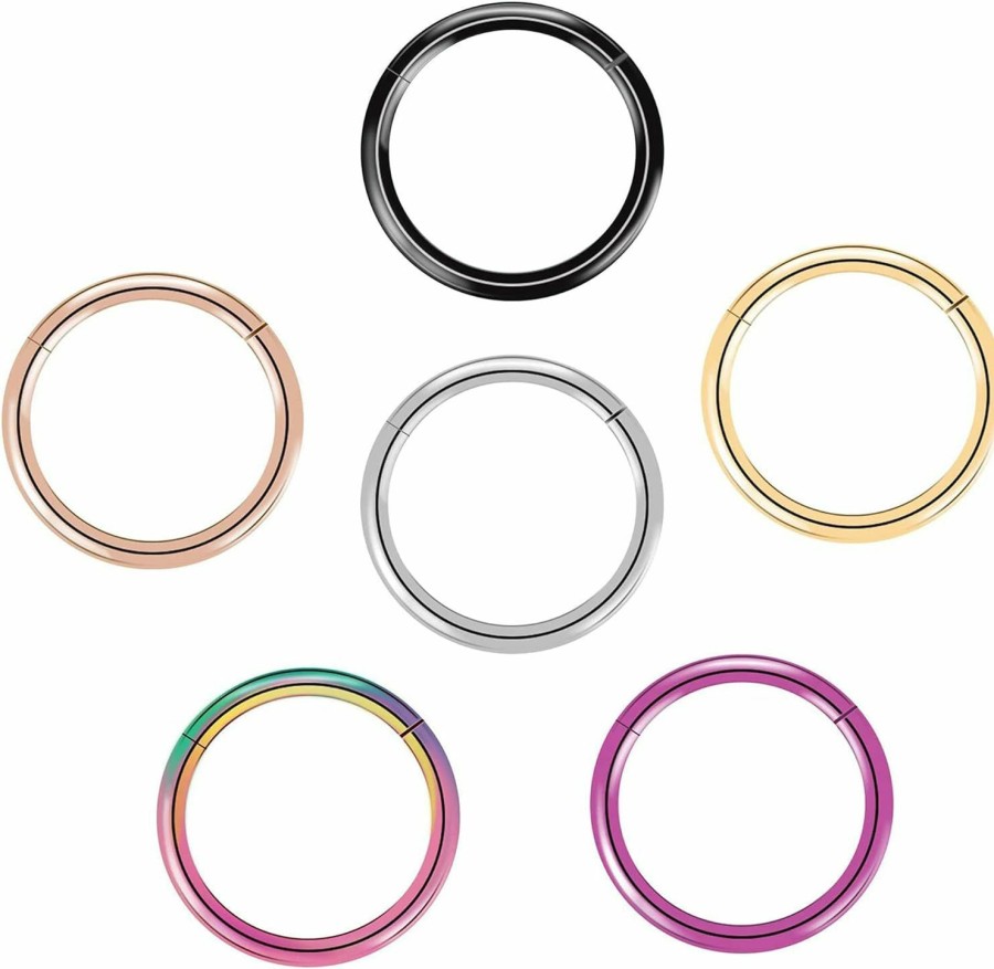 arvinpiercing 6Pcs G23 Titanium Nose Rings Hoop - 20G 18G 16G 14G Diameter 6Mm/7Mm/8Mm/9Mm/10Mm/11Mm/12Mm Hinged Segment Ring Gold/Rose Gold/Silver/Black/Pink/Rainbow Body Piercing Rings | Body Piercing Rings