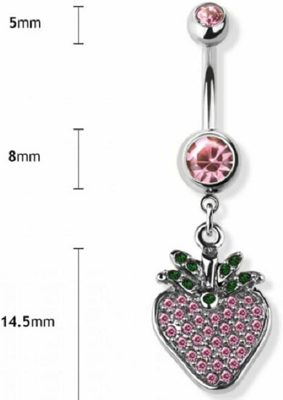 Pierced Owl Pierced Owl 14Ga 316L Stainless Steel Pink Cz Crystal Strawberry Dangling Belly Button Ring | Body Piercing Rings