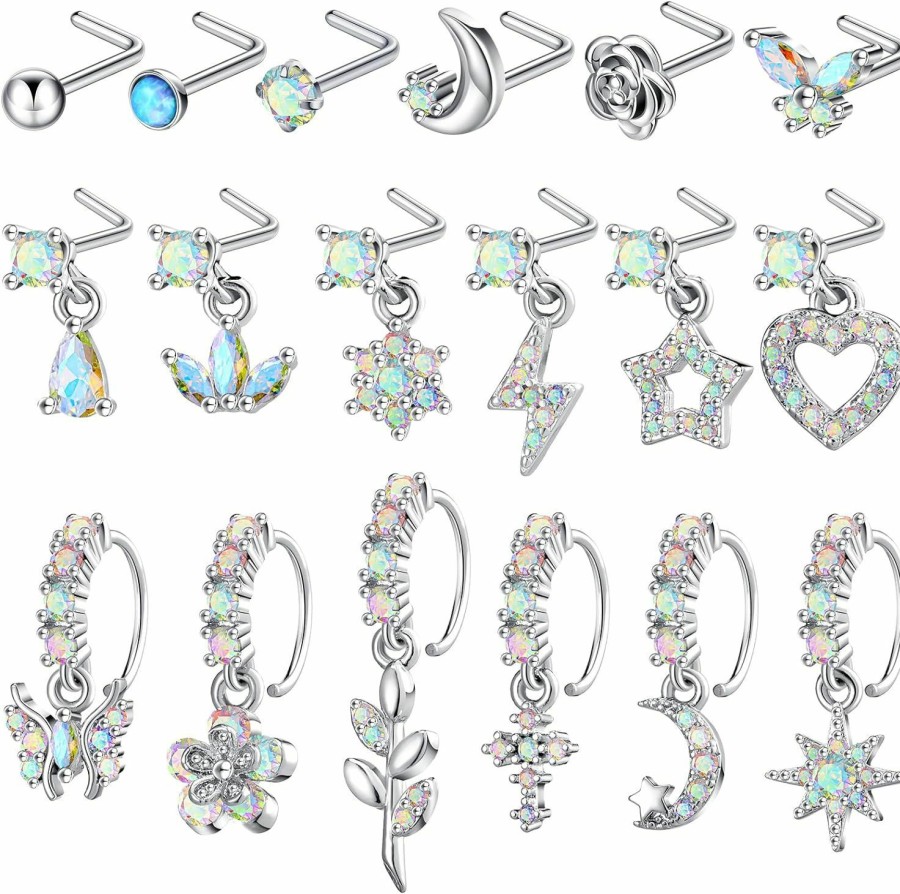 Bonuci Bonuci 18 Pcs Dangle Nose Ring L Shaped Dangling Nose Stud Nose Ring Hoop Indian Nose Piercing Jewelry With Charm | Body Piercing Rings