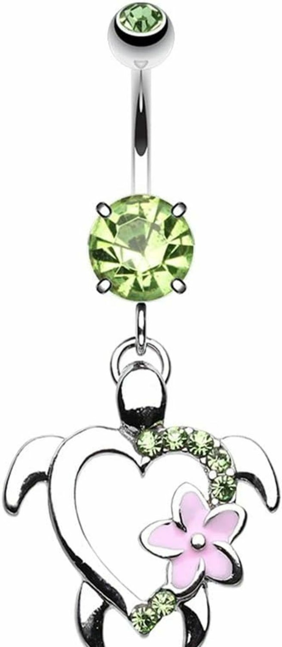 Pierced Owl Pierced Owl 14Ga Stainless Steel Light Green Cz Crystal Turtle With Hawaiian Flower Dangling Belly Button Ring | Body Piercing Rings