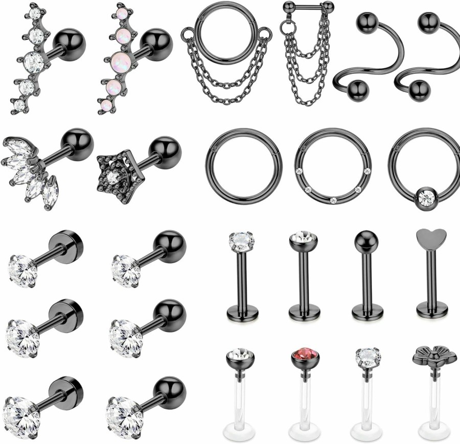 FASACCO Fasacco 25Pcs 16G Cartilage Piercing Jewelry Surgical Steel Helix Piercing Jewelry Forward Helix Earrings Conch Hoop Cartilage Earring Stud | Body Piercing Rings