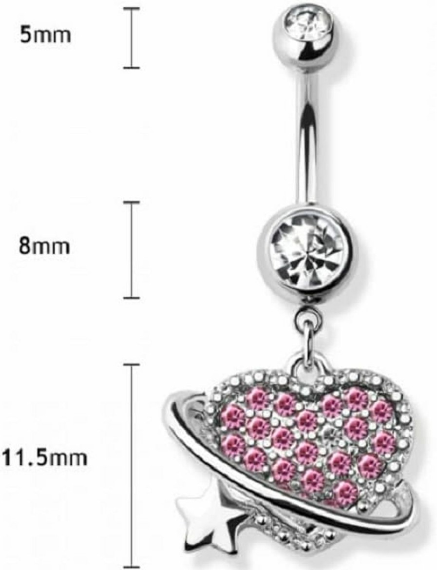 Pierced Owl Pierced Owl 14Ga 316L Stainless Steel Pink Cz Crystal Paved Orbiting Heart Dangling Belly Button Ring | Body Piercing Rings