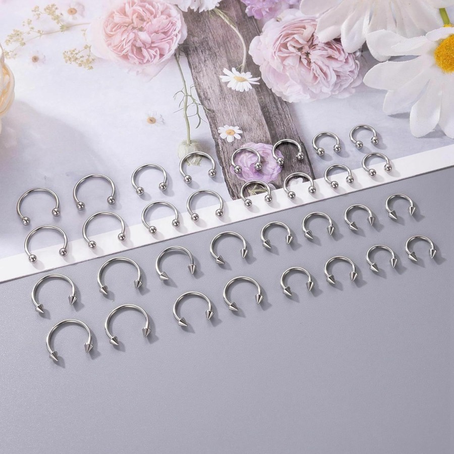 NICEIGHT 32Pcs 14G 16G 18G Surgical Steel Septum Nose Rings For Women Men Horseshoe Earrings Cartilage Helix Tragus Eyebrow Lip Daith Hoop Smily Piercing Jewelry 7-14Mm | Body Piercing Rings