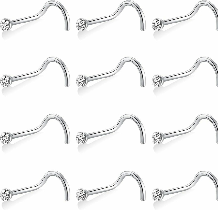 CrazyPiercing Crazypiercing 12Pcs Wholesale Lot Bling-Bling Crystal Rhinestone Stainless Steel Body Piercing Jewelry Nose Ring, Hypoallergenic, 20 Gauge | Body Piercing Rings