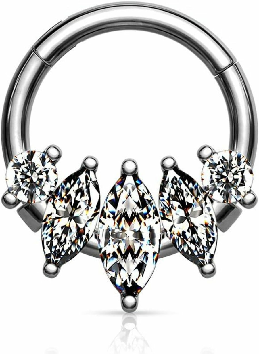 Pierced Owl Pierced Owl - 16Ga Stainless Steel 5 Cz Crystal Marquise Septum Cartilage Helix Daith Hinged Segment Clicker Ring | Body Piercing Rings