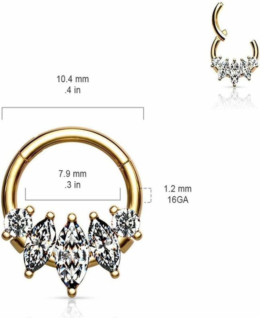 Pierced Owl Pierced Owl - 16Ga Stainless Steel 5 Cz Crystal Marquise Septum Cartilage Helix Daith Hinged Segment Clicker Ring | Body Piercing Rings