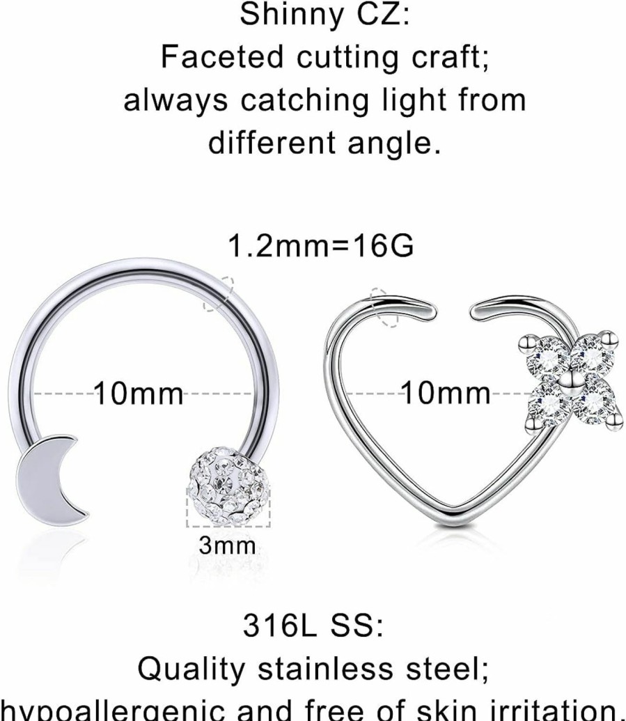 Ftovosyo Ftovosyo Left Ear Daith Earrings 16G Heart Moon Daith Piercing Jewelry For Women Stainless Steel Cartilage Forward Helix Tragus Piercing Jewelry Plated Cz Hinged Septum Clicker Rings | Body Piercing Rings