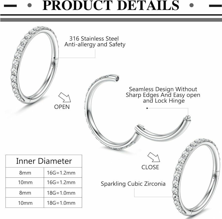 FINREZIO Finrezio 5Pcs 18G 16G Nose Rings Hoop For Women Men Surgical Steel Septum Rings Cz Opal Clicker Cartilage Double Hoop Hinged Segment Daith Conch Helix Tragus Piercing Jewelry 8Mm 10Mm | Body Piercing Rings