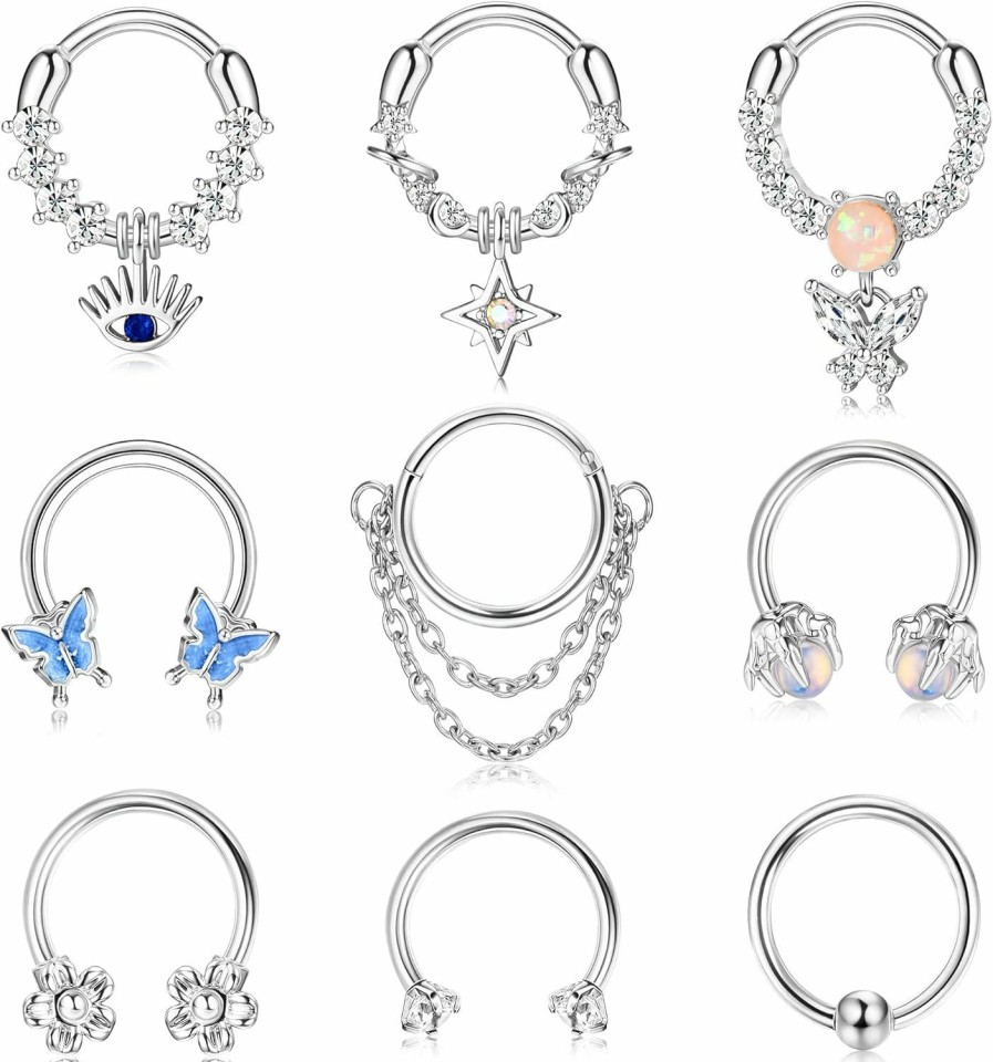 JOERICA Joerica 9 Pcs 16G Septum Rings For Women Stainless Steel Dangle Septum Rings Evil Eye Butterfly Star Dragon Claw Opal Cz Daith Earrings Hoop Nose Rings Cartilage Helix Septum Piercing Jewelry | Body Piercing Rings