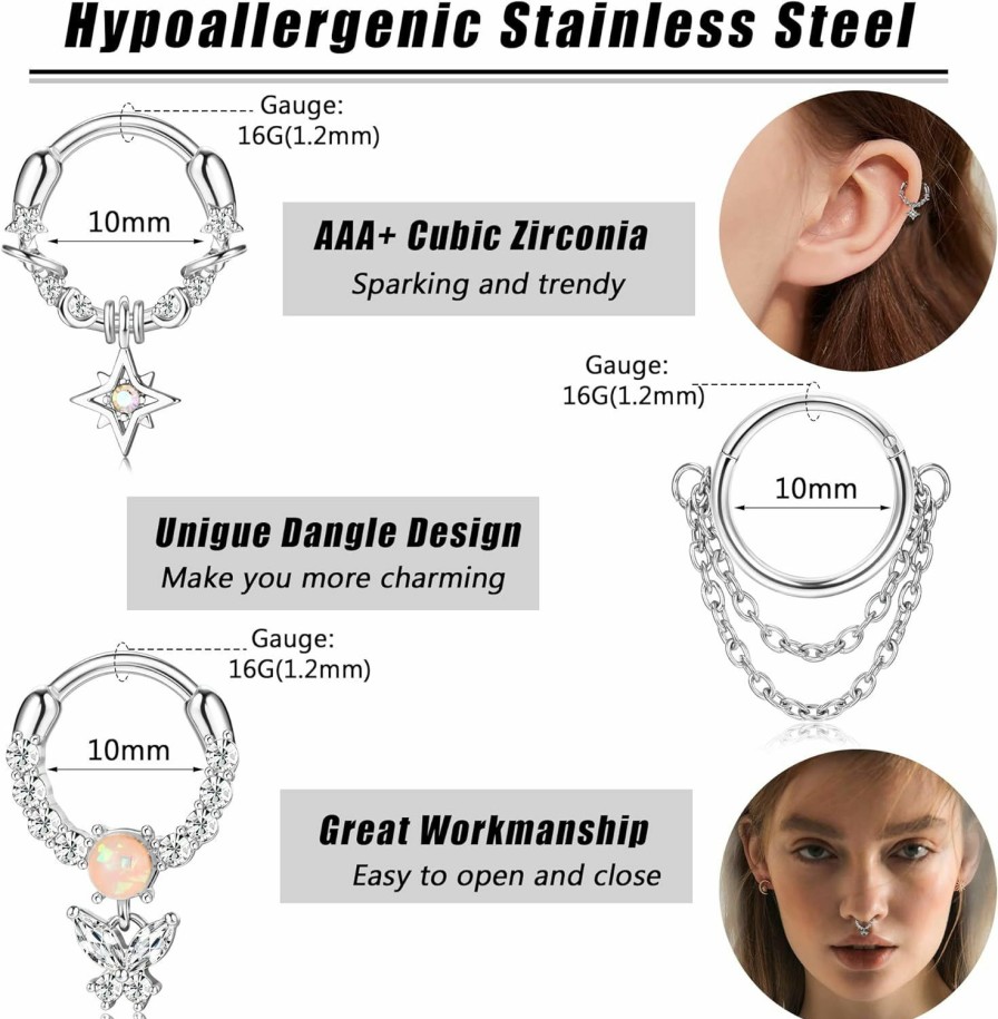 JOERICA Joerica 9 Pcs 16G Septum Rings For Women Stainless Steel Dangle Septum Rings Evil Eye Butterfly Star Dragon Claw Opal Cz Daith Earrings Hoop Nose Rings Cartilage Helix Septum Piercing Jewelry | Body Piercing Rings