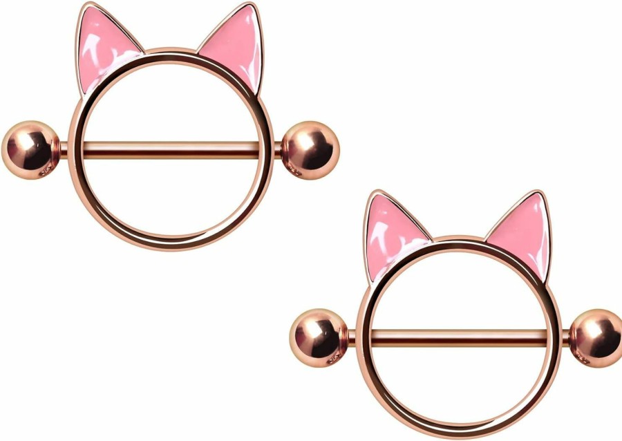 Pierced Owl Pierced Owl 14Ga Rose Gold Plated 316L Stainless Steel Pink Cat Face Nipple Shields, Sold As A Pair | Body Piercing Rings