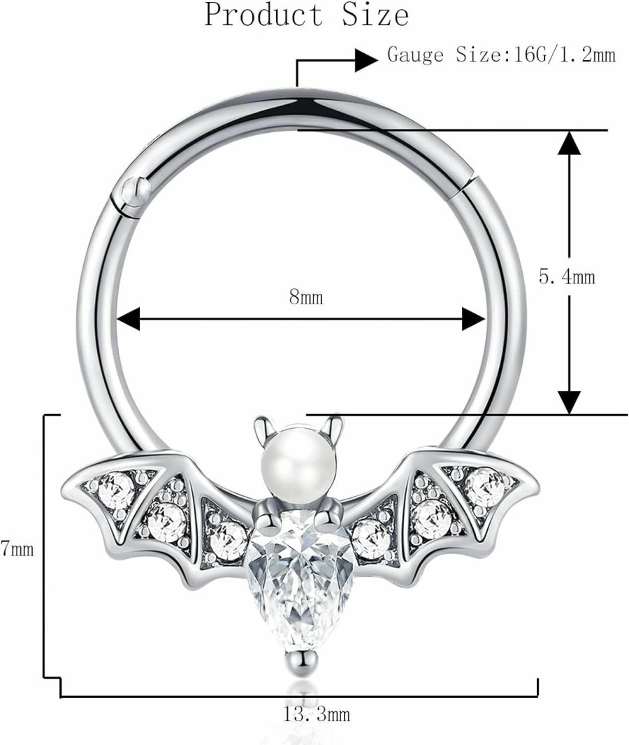 EVISPOL Evispol 16G Septum Ring For Women Men 316L Surgical Stainless Steel Nipple Rings Cute Halloween Bat Nose Ring Seamless Hinged Segment Clicker Cz Daith Earrings Rook Helix Tragus Cartilage Piercing Jewelry | Body Piercing Rings