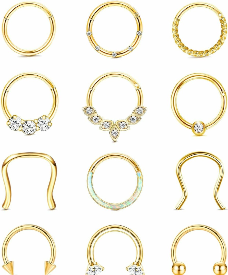 YADOCA Yadoca 12Pcs 16G Septum Rings Surgical Steel Septum Clicker Hinged Nose Rings Hoops For Women Men Cartilage Hoop Earrings Horseshoe Daith Helix Tragus Conch Septum Piercing Jewelry | Body Piercing Rings