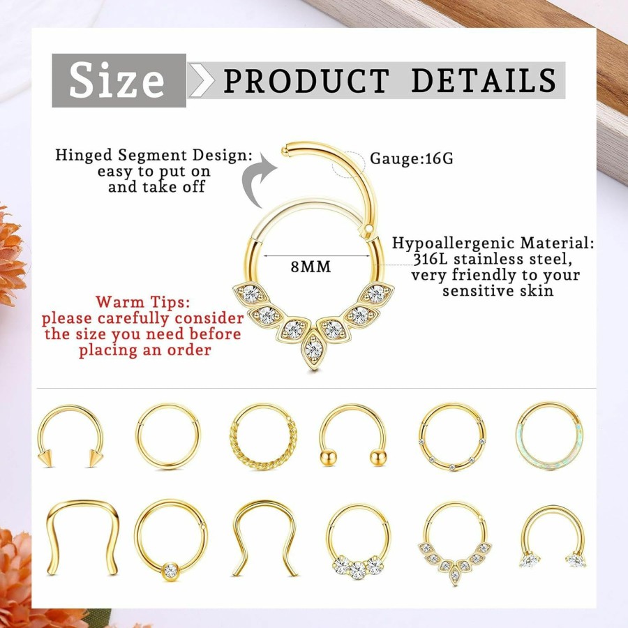 YADOCA Yadoca 12Pcs 16G Septum Rings Surgical Steel Septum Clicker Hinged Nose Rings Hoops For Women Men Cartilage Hoop Earrings Horseshoe Daith Helix Tragus Conch Septum Piercing Jewelry | Body Piercing Rings