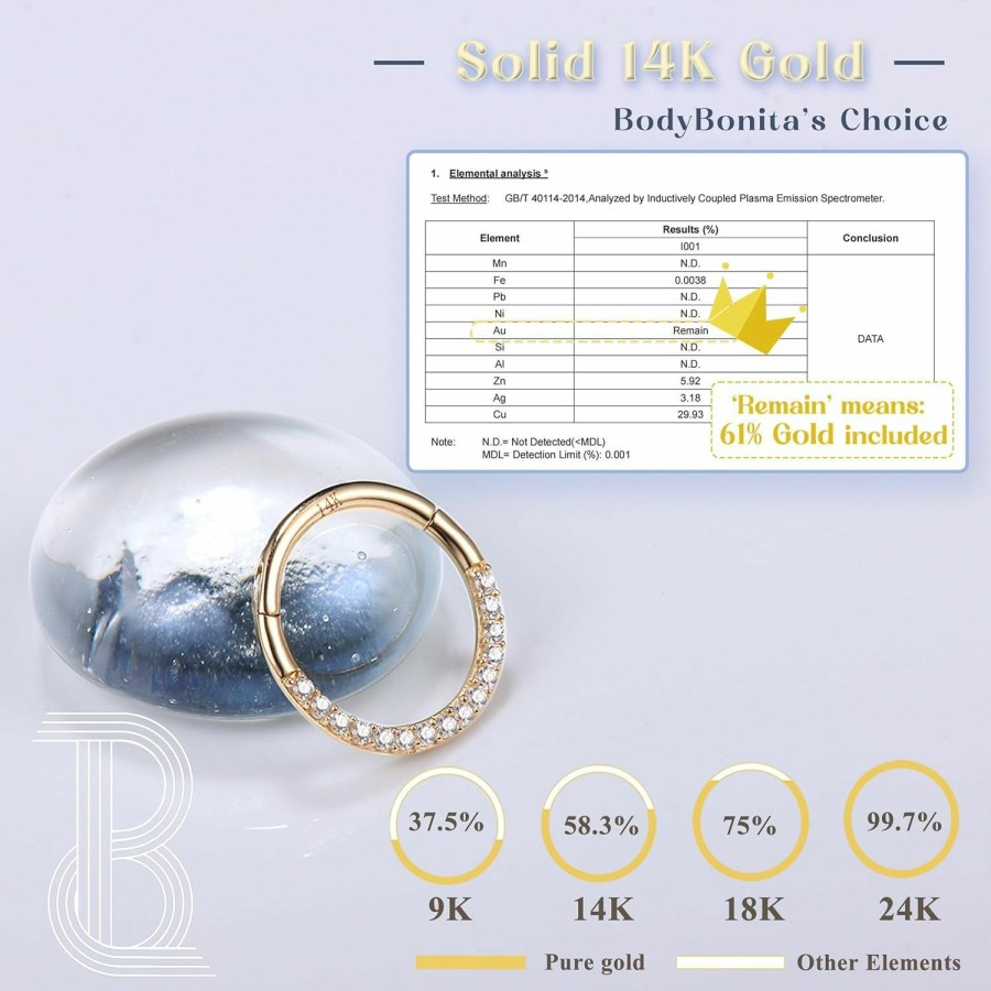 BodyBonita Bodybonita Hinged 14K Solid Gold Nose Rings Hoops - 16G Septum Rings Cz Clicker Hypoallergenic Cartilage Earrings For Women Conch Piercing Jewelry Helix Tragus Lobe Daith Snug Belly Button 7Mm-10Mm | Body Piercing Rings