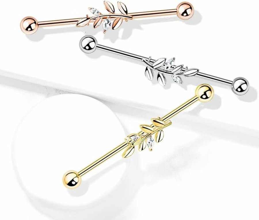 Amelia Fashion Amelia Fashion 14 Gauge Cz Set Leaf Industrial Barbell 316L Surgical Stainelss Steel (Choose Color) | Body Piercing Rings