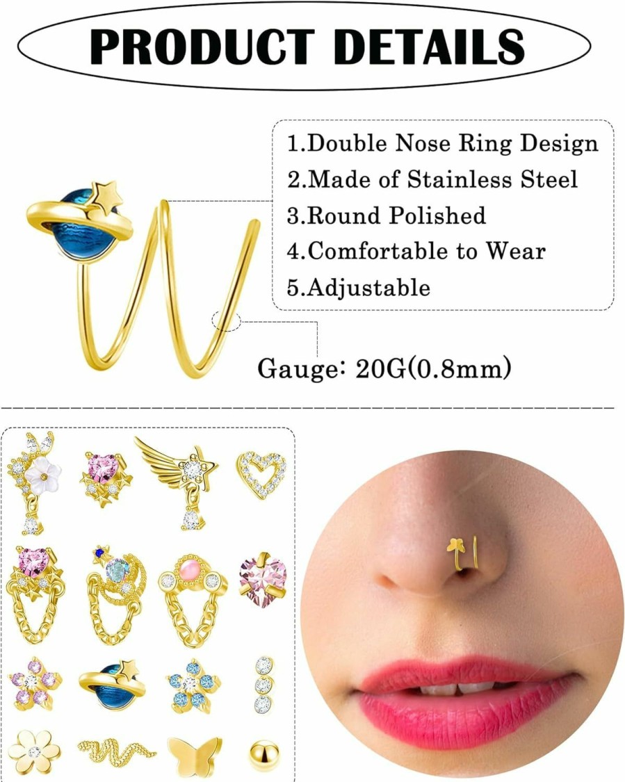 Akeoqi Akeoqi 16Pcs Double Nose Ring Hoop For Single Piercing Stainless Steel Dangle Spiral Nose Rings Snake Flower Butterfly Planet Angel Wings Heart Ball Twist Earring Hoops Body Piercing Jewelry For Women | Body Piercing Rings