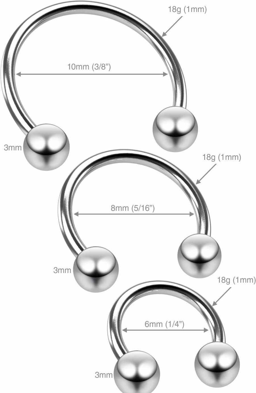 Evonix 8Pc 18G Stainless Steel Horseshoe Earrings Barbell Gauge Hoop Cartilage Daith Tragus Piercing (Choose Color, Diameter) | Body Piercing Rings