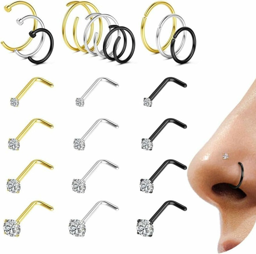 LOYALLOOK Loyallook 21Pcs Nose Rings Studs - 316L Surgical Steel Gold Nose Studs Double Hoop Nose Ring For Women Men 18G 20G Silver Gold Black Nose Rings Stud Hypoallergenic Nose/Body Piercing Jewelry 1.5Mm 2Mm 2.5Mm 3Mm Clear Cz | Body Piercing Rings