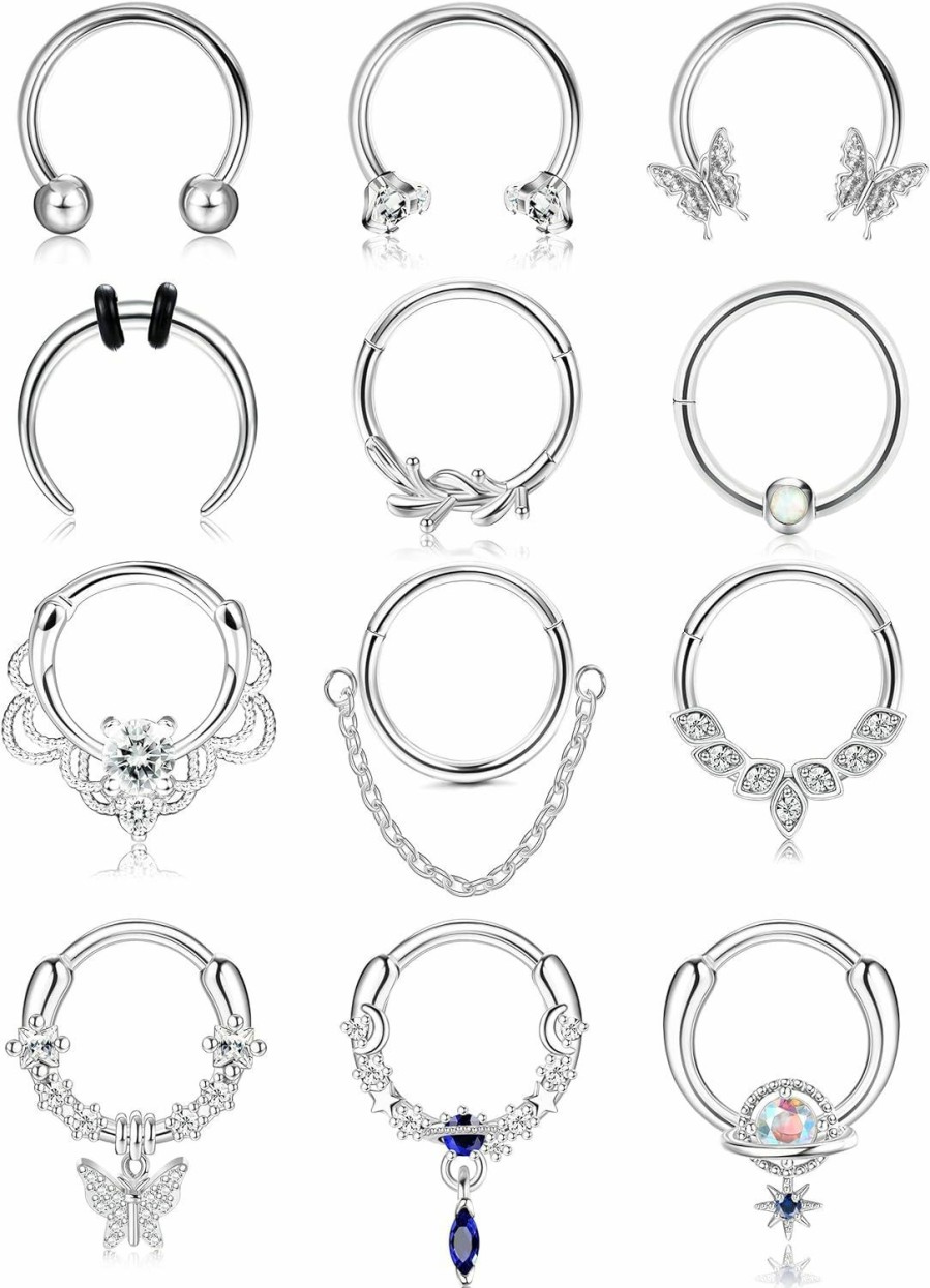 FINREZIO Finrezio 12Pcs Stainless Steel Septum Clicker Nose Rings Hoop For Women Men Cz Opal Dangle Cartilage Daith Tragus Conch Piercing Jewelry 10Mm | Body Piercing Rings