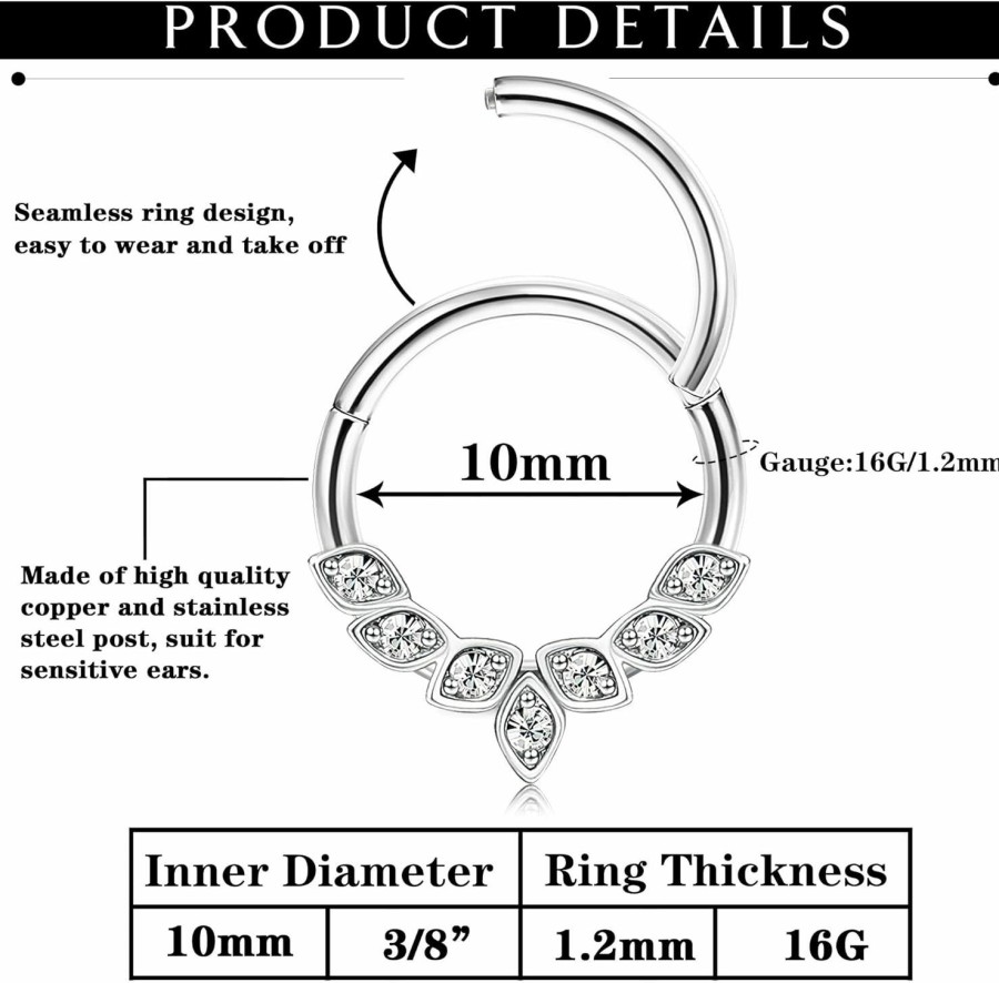 FINREZIO Finrezio 12Pcs Stainless Steel Septum Clicker Nose Rings Hoop For Women Men Cz Opal Dangle Cartilage Daith Tragus Conch Piercing Jewelry 10Mm | Body Piercing Rings