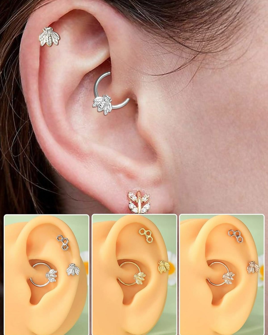 Melighting Melighting 3Pcs Bee Cartilage Earrings 316L Surgical Steel 16G Septum Jewelry Helix Earrings Honeycomb Tragus Earring Stud For Men Women Daith Piercing Rook Conch Earring Piercing Body Jewelry | Body Piercing Rings