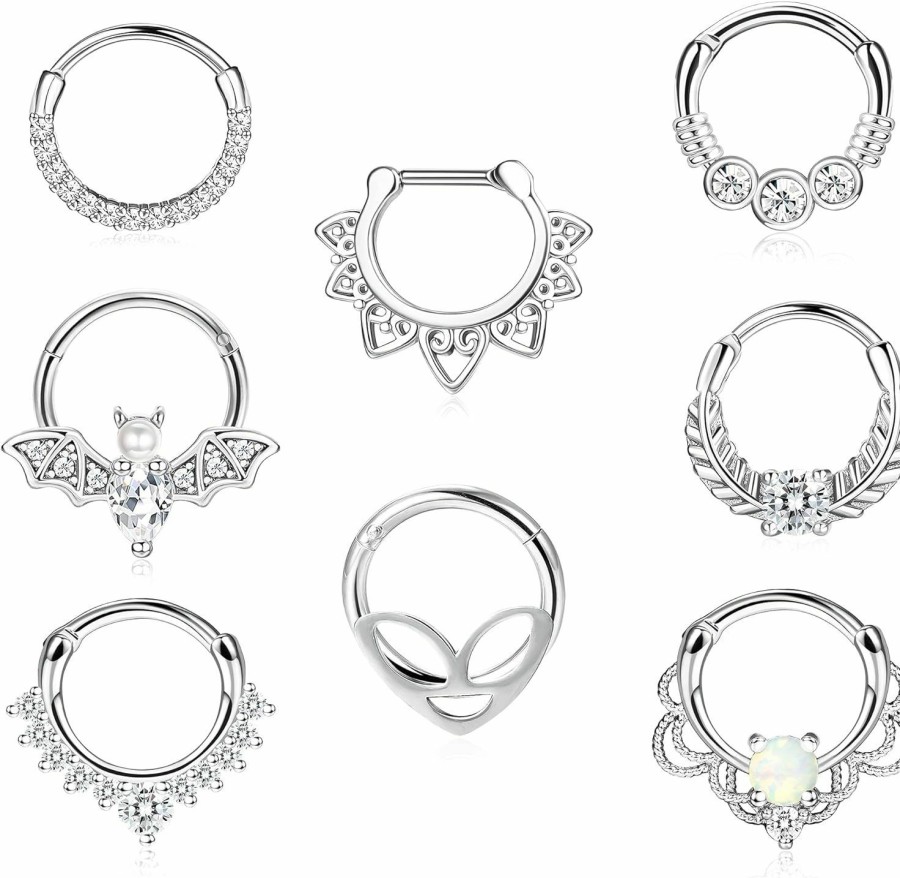 Drperfect Drperfect 8Mm Septum Rings 16G Daith Earrings Piercing Jewelry Surgical Stainless Steel Cz Opal Septum Clicker Rings Alien Bat Septum Hinged Segment Nose Rings Cartilage Helix Tragus Hoops | Body Piercing Rings