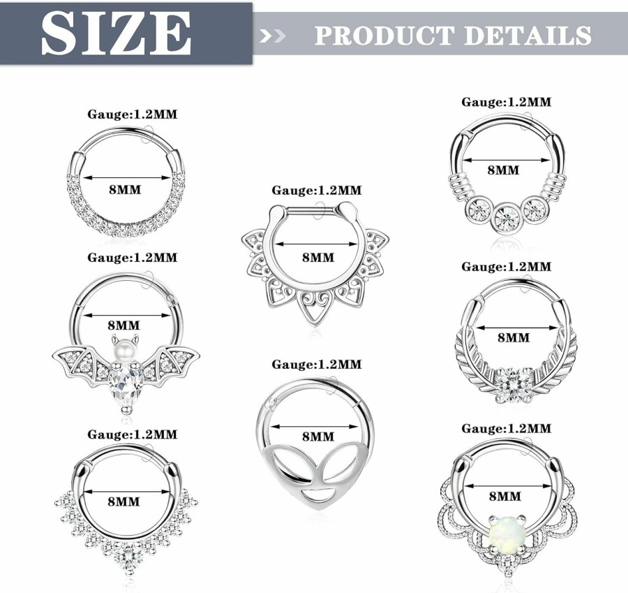 Drperfect Drperfect 8Mm Septum Rings 16G Daith Earrings Piercing Jewelry Surgical Stainless Steel Cz Opal Septum Clicker Rings Alien Bat Septum Hinged Segment Nose Rings Cartilage Helix Tragus Hoops | Body Piercing Rings