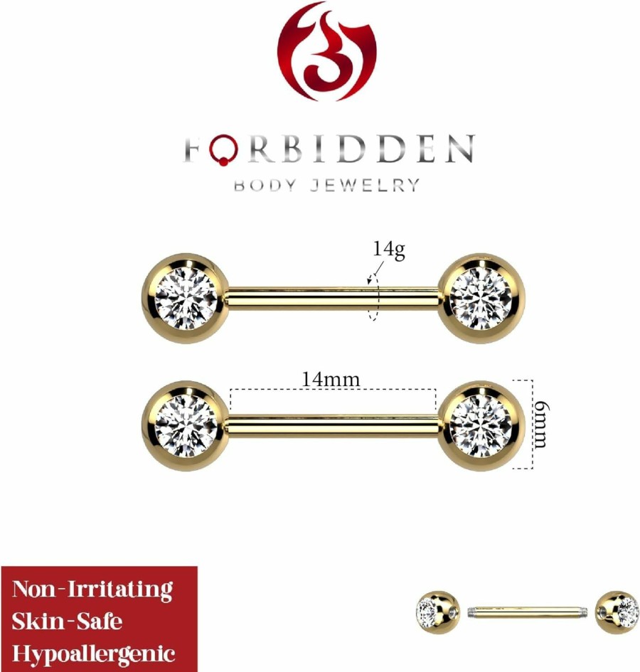 Forbidden Body Jewelry Forbidden Body Jewelry Pair Of 14G 14Mm Ip Plated Surgical Steel Cz Crystal Nipple Ring Barbells | Body Piercing Rings