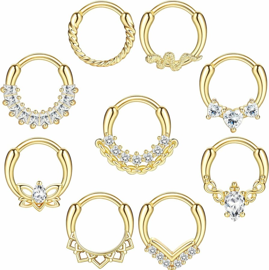 Ubjuliwa Ubjuliwa 9Pcs Septum Rings Jewelry 16G Daith Earrings Hinged Hoop Nose Rings Septum Clicker Cz Stainless Steel Cartilage Earring Helix Tragus Daith Piercing Jewelry For Women | Body Piercing Rings