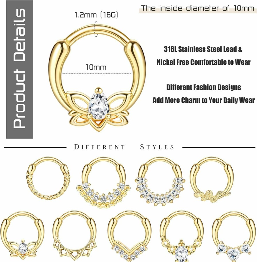 Ubjuliwa Ubjuliwa 9Pcs Septum Rings Jewelry 16G Daith Earrings Hinged Hoop Nose Rings Septum Clicker Cz Stainless Steel Cartilage Earring Helix Tragus Daith Piercing Jewelry For Women | Body Piercing Rings