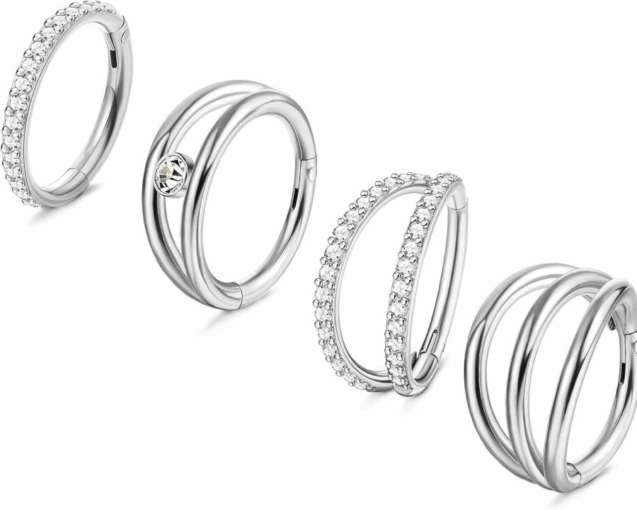 JeryWe Jerywe 3-4Pcs Cz Nose Rings Hoop For Women 16G Clicker Hinged Segment Septum Lip Rings Tragus Conch Helix Cartilage Rook Daith Earrings Hoop Piercing Jewelry Diameter 8Mm 10Mm | Body Piercing Rings